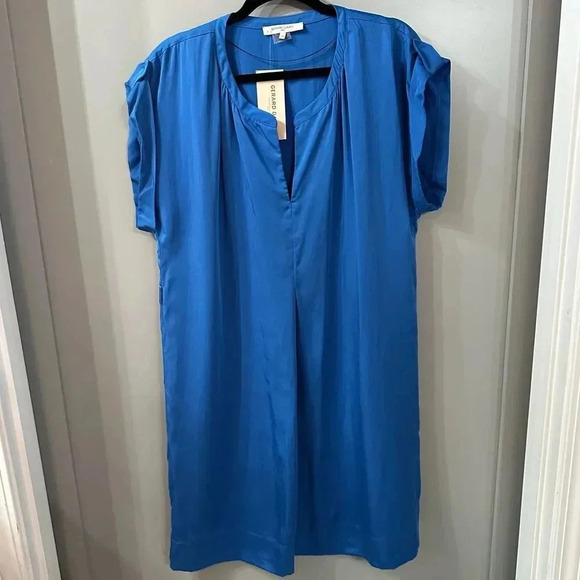 NWT Gerard Darel Shift Dress US Size 6 Royal Blue Short Sleeve Split V Pullover - Picture 1 of 6